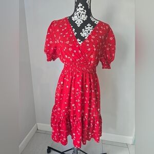 SHEIN Red Ruffled Tiered Midi Sundress with Puff Sleeves size L